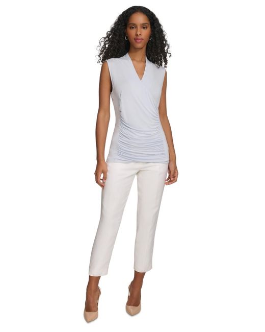Calvin Klein White Solid Ruched-front V-neck Sleeveless Blouse