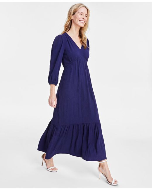 Anne Klein Blue V-neck Long-sleeve Midi Dress