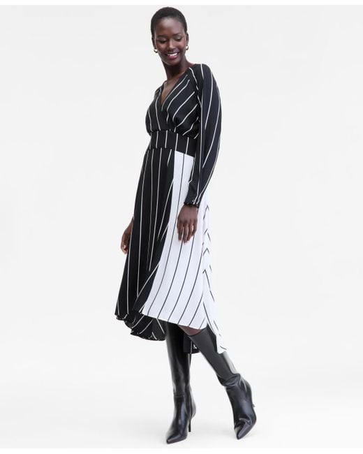 INC International Concepts White Multi-stripe Surplice-neck Midi Dress