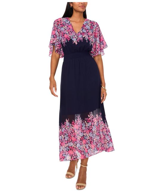 Msk Petite Printed V neck Flutter sleeve Smocked waist Dress in Purple Lyst
