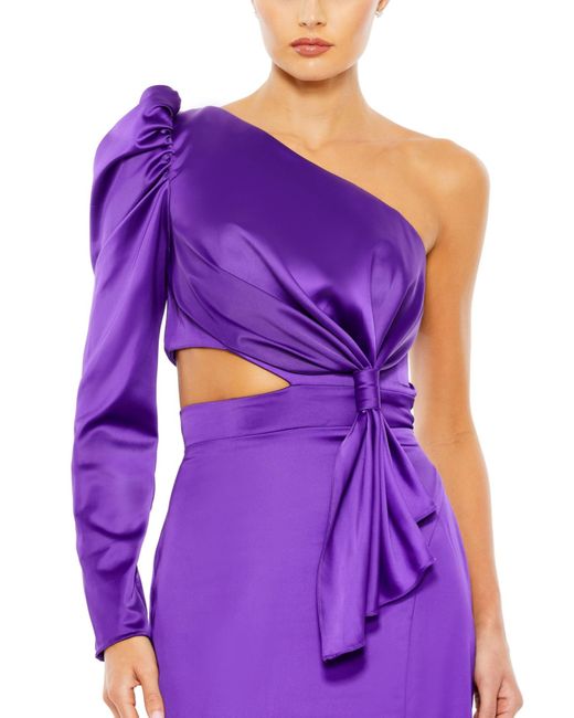 Mac Duggal Purple Ieena Puff One Sleeve Cut Out Side Knot Gown