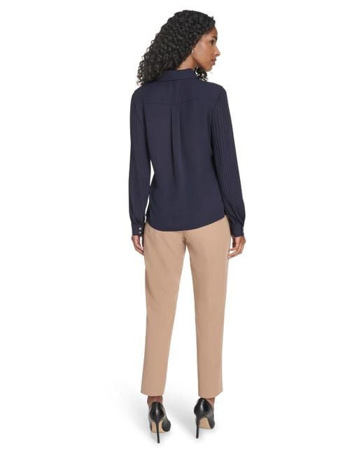 Tommy Hilfiger Blue Pleated Sleeve Button Up Blouse