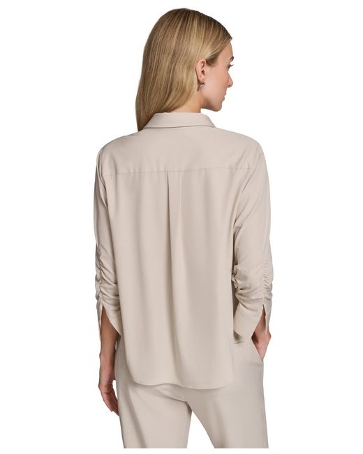 Calvin Klein Gray Petite Collared Button-down Blouse Top