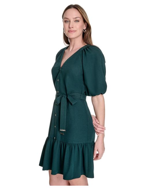 Tommy Hilfiger Green Puff-sleeve Fit & Flare Dress