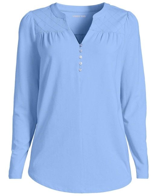 Lands' End Blue Plus Size Long Sleeve Lightweight Jersey Notch Neck Tunic Top