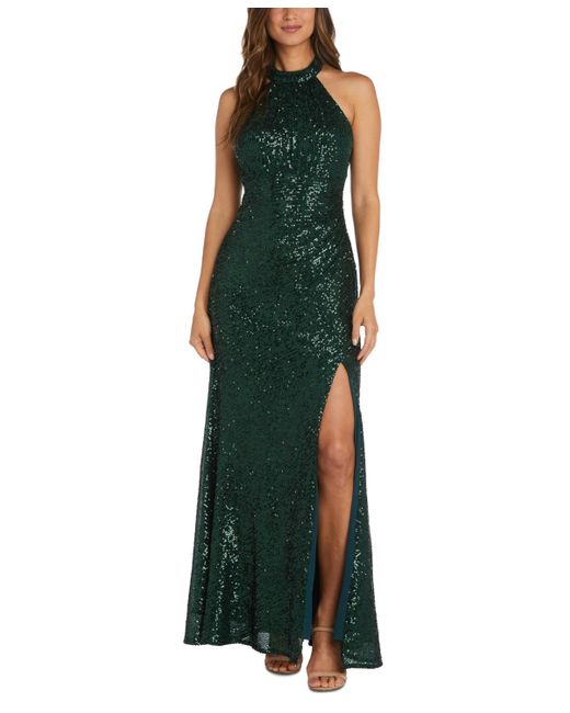 Nightway Green Sequined Halter Strappy-back Gown