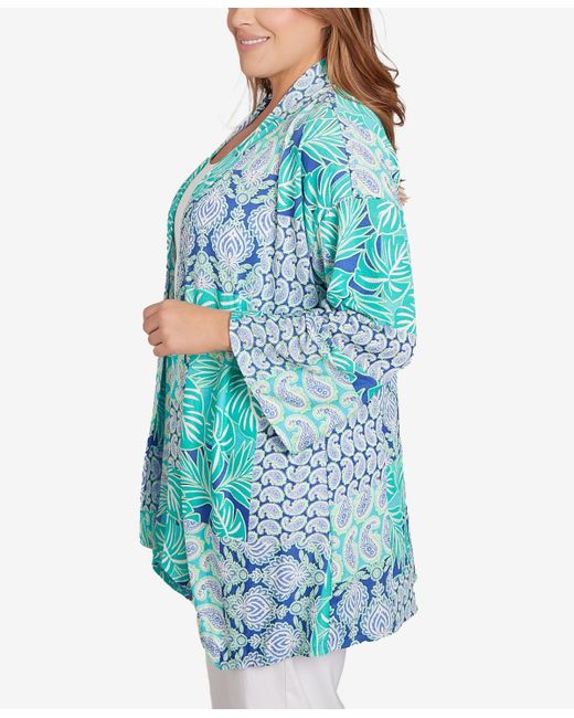Ruby Rd Blue Plus Size Bali Patchwork Knit Cardigan Top
