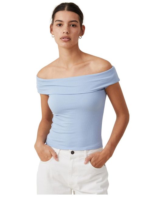 Cotton On Blue Staple Rib Off The Shoulder Short Sleeve Top