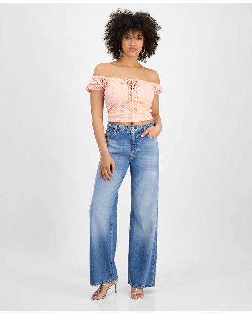 Guess Blue Eliane Off-the-shoulder Cropped Top