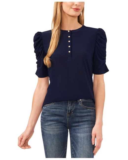 Cece Ruched Puffsleeve Henley Knit Top in Blue Lyst