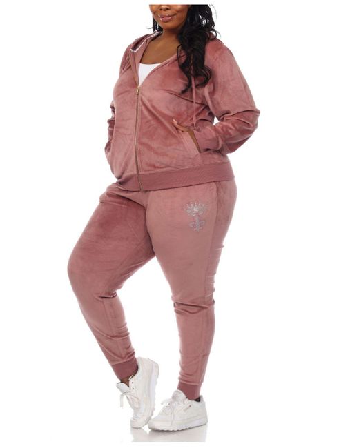 White Mark Synthetic Plus Size Rhinestone Velour Tracksuit 2 Piece Set