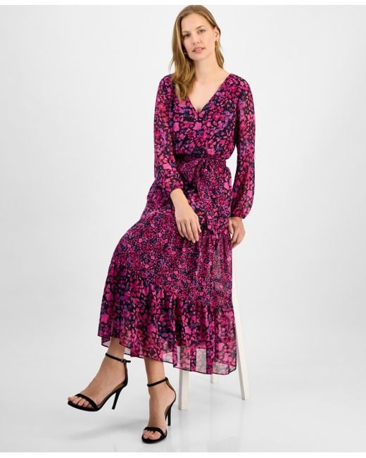 Kasper Purple Floral-print Tiered Fit & Flare Dress