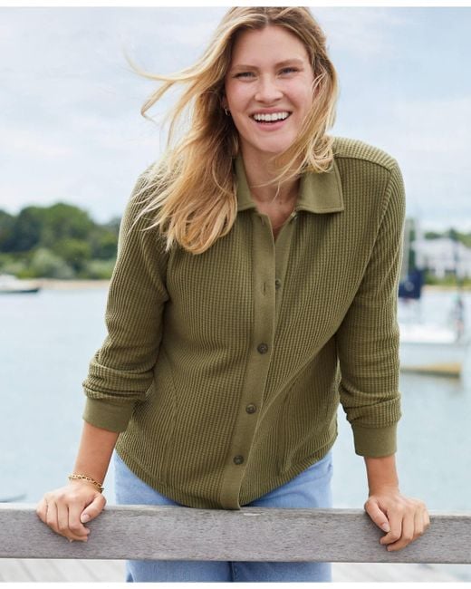 Lands' End Green Long Sleeve Waffle Collared Shacket