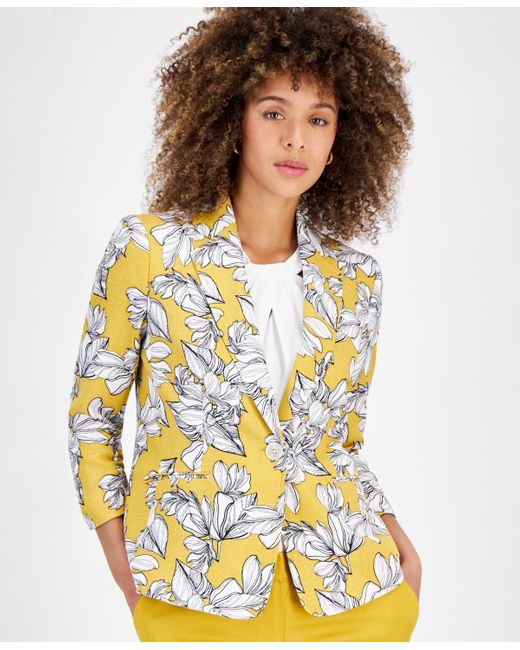 Kasper Yellow Floral-print 3/4-sleeve Textured Jacket