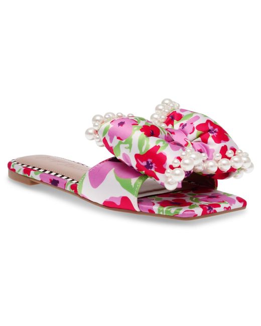 Betsey Johnson Pink Liah Pearl-embellished Bow Slide Sandals
