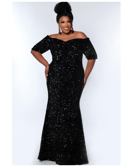 Johnathan Kayne for Sydneys Closet Black Velvet Sequin Short Sleeve Plus Size Evening Gown