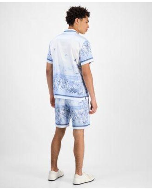 Guess Blue Short Sleeve Jungle Shirt Big Cat Shorts for men