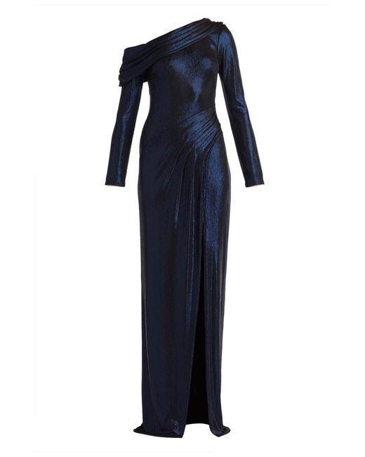 Tadashi Shoji Blue Toryn Metallic Pleated Draped Gown.