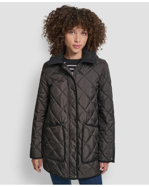 DKNY Gray Corduroy Collar Hooded Quilted Coat