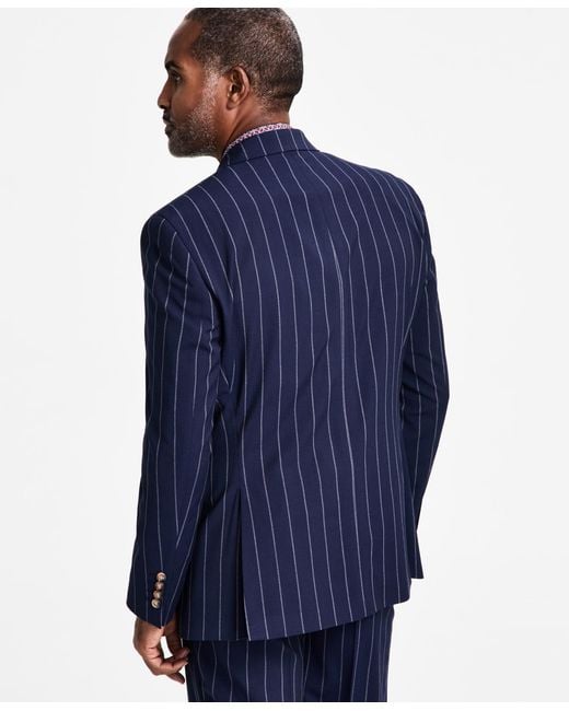 Tayion Collection Blue Pinstriped Double-breasted Suit Jacket for men
