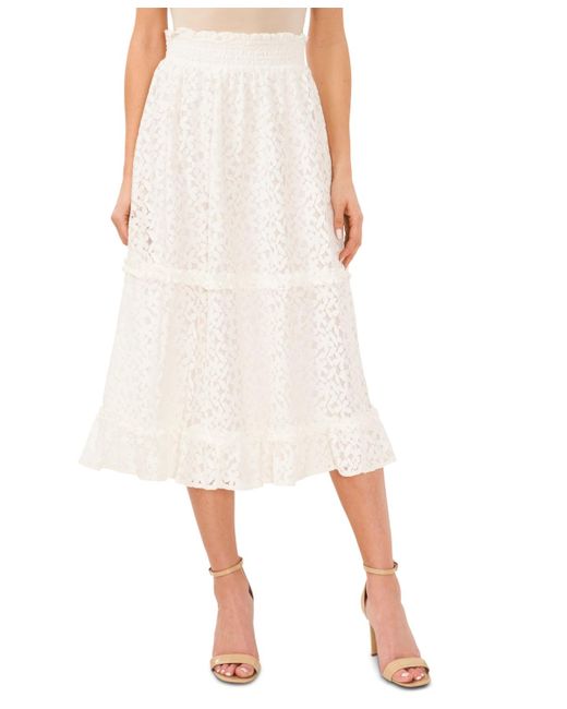 Cece White Lace Smocked-waist Midi Skirt
