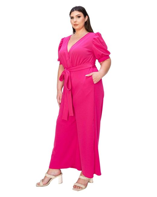 L I V D Pink Plus Size Iris Surplice Belted Pocket Jumpsuit