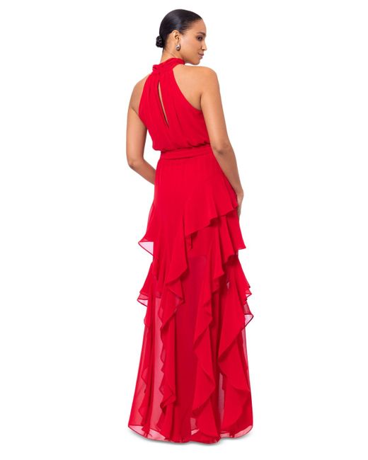 Betsy & Adam Red Ruffled Halter Gown