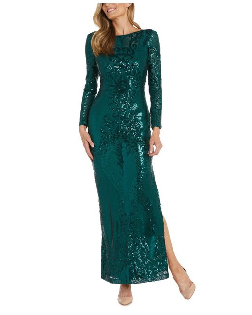 Nightway Sequin Long-sleeve Illusion Gown in Green | Lyst