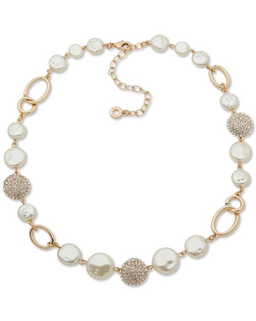Anne Klein Metallic Gold-tone Pave & Imitation Pearl Disc Collar Necklace