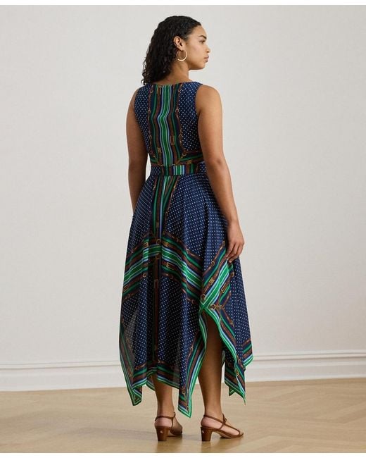 Ralph Lauren Plus Size Belted Polka-dot V-neck Dress in Blue | Lyst