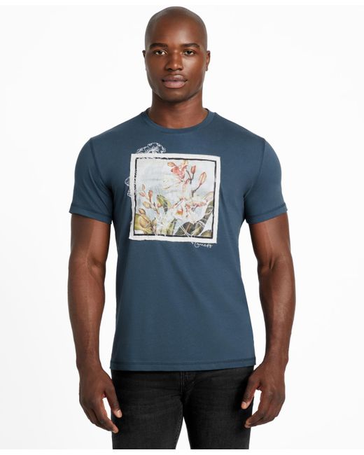 Guess Blue Short Sleeve Crewneck Flower Box Graphic T-shirt for men