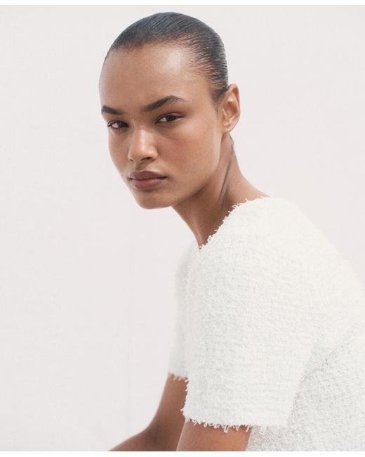 Mango White Short-sleeved Boucle Cardigan