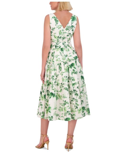 Vince Camuto Green Petite Printed V-neck Belted Cotton Midi Dress