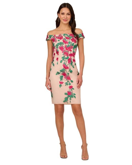 Adrianna Papell Red Cascading Florals Off-the-shoulder Dress