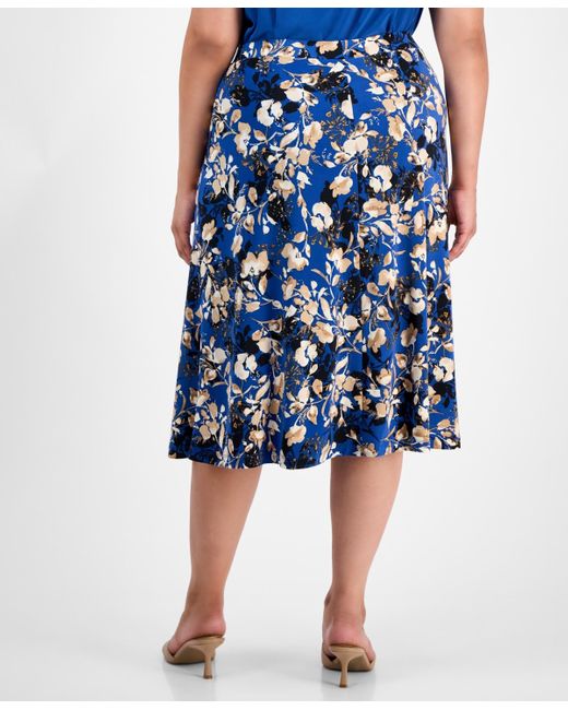 Kasper Blue Plus Size Floral-print Midi Skirt