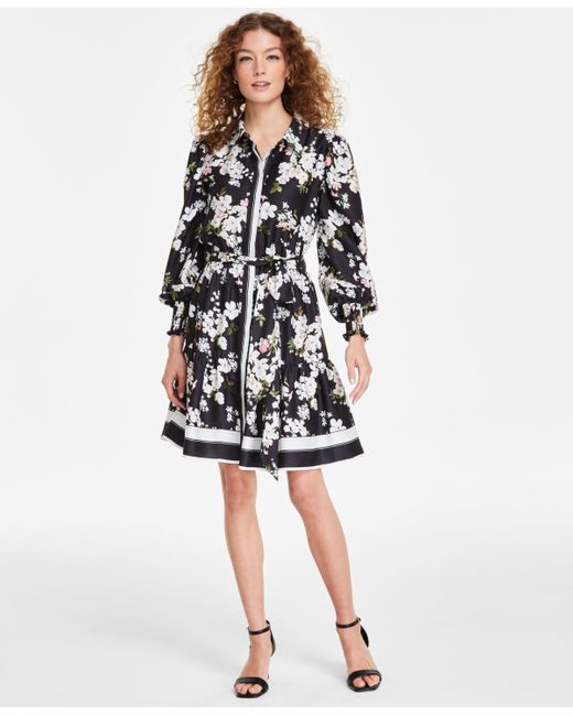 Anne Klein White Printed Tiered Shirtdress