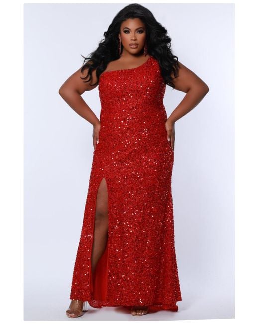 Sydney's Closet Red One-shoulder Sequin Evening Gown