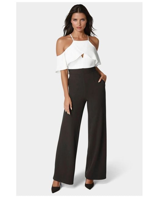 Bebe White Cold Shoulder Palazzo Leg Jumpsuit