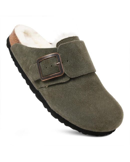AEROTHOTIC Green Atlas Fur Genuine Leather Fur Lined Clogs For With Arch Support