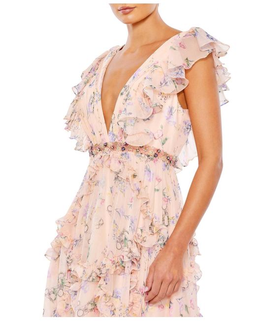 Mac Duggal Pink Ieena Ruffled Floral Print Cap Sleeve Gown
