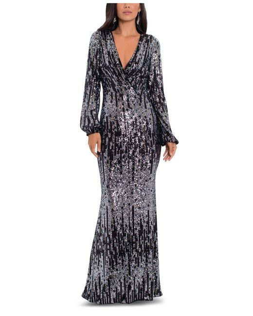 Betsy & Adam Synthetic V-neck Sequin Gown in Black/Silver (Black) - Lyst