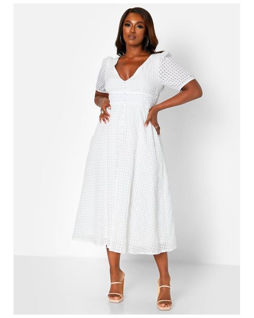 Rebdolls White Plus Size Smocked Button Front Midi A Line Dress
