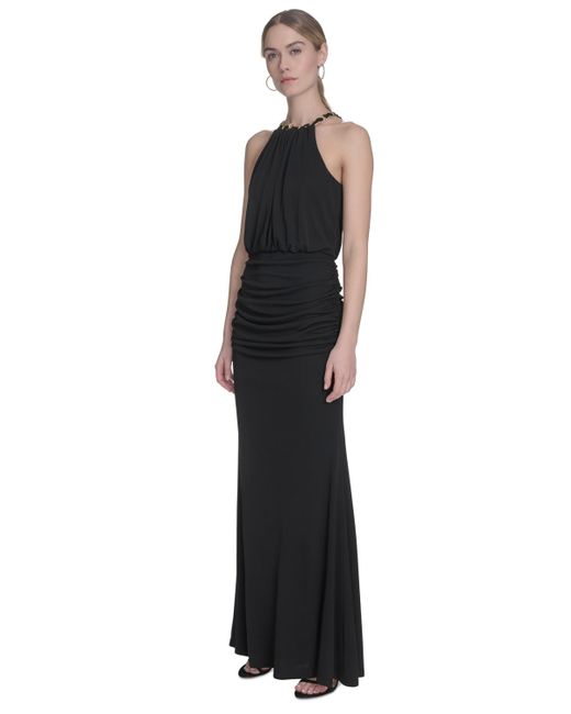 Eliza J Black Chain-link Halter Blouson Gown
