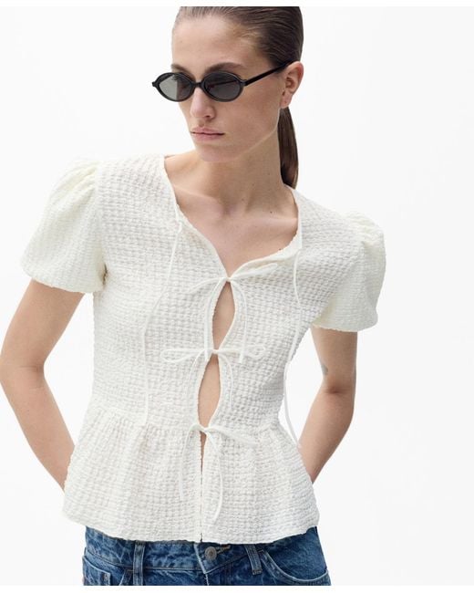 Mango White Bow Closure Textured Blouse