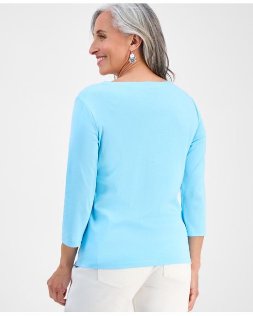 Style & Co. Blue Petite Cotton Knit Henley 3/4-sleeve Top