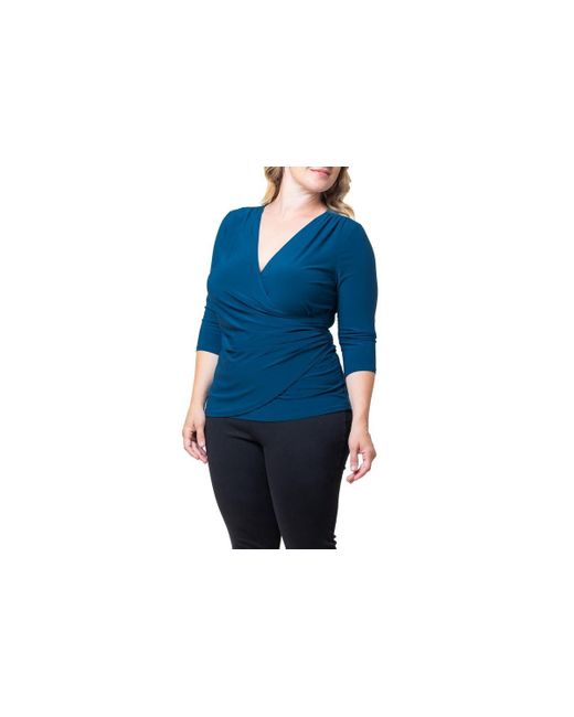 Kiyonna Blue Plus Size Femme Fatale Faux Wrap Top