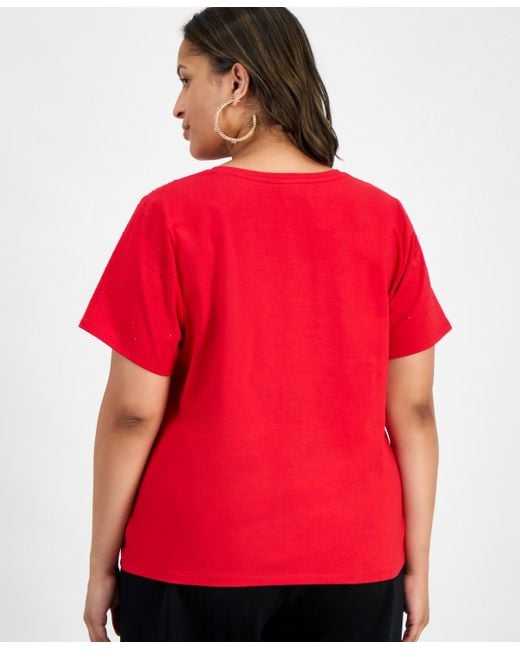 INC International Concepts Red Plus Size V-neck Rhinestone-embellished Top