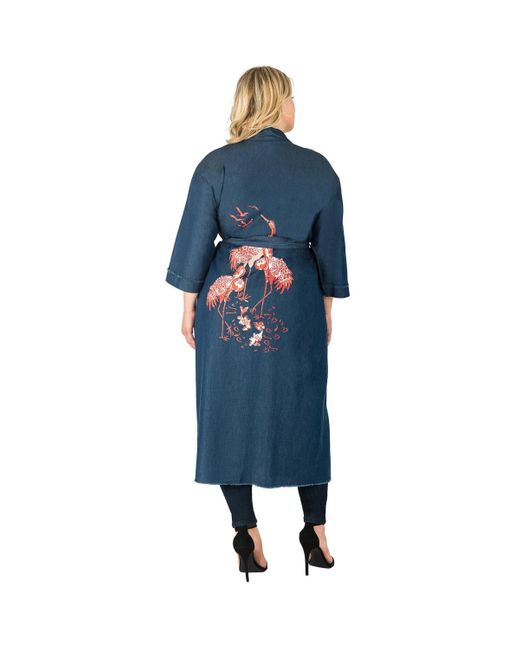 Standards & Practices Blue Plus Size Bird Print Back Denim Kimono Trench Coats