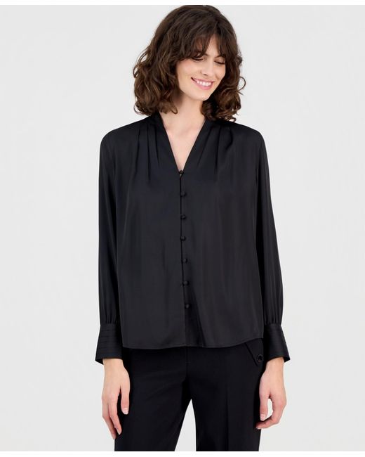 Anne Klein Black V-neck Button-front Blouse