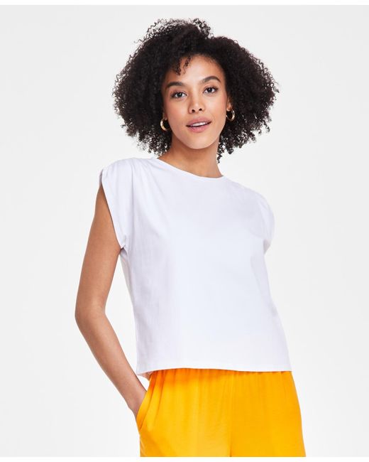 BarIII White Petite Ruched-shoulder Cap-sleeve Knit Top